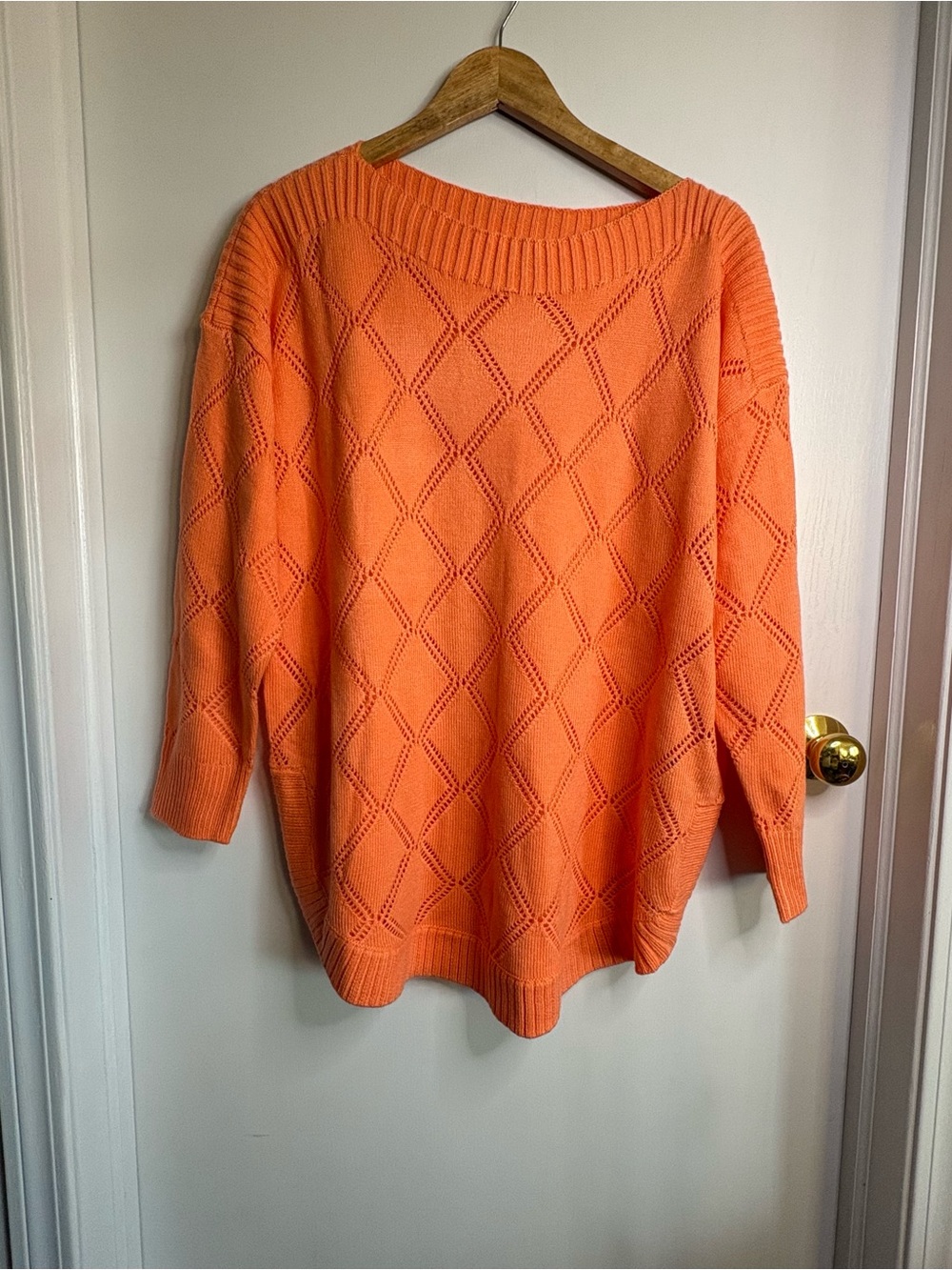 Lee Size 1X Sherbet Orange Argyle Open-Knit Boat Neck Pullover Sweater Coastal
